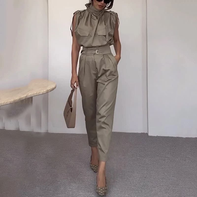 Women's new personalized shoulder-tie slimming waist belt decorative pants suit