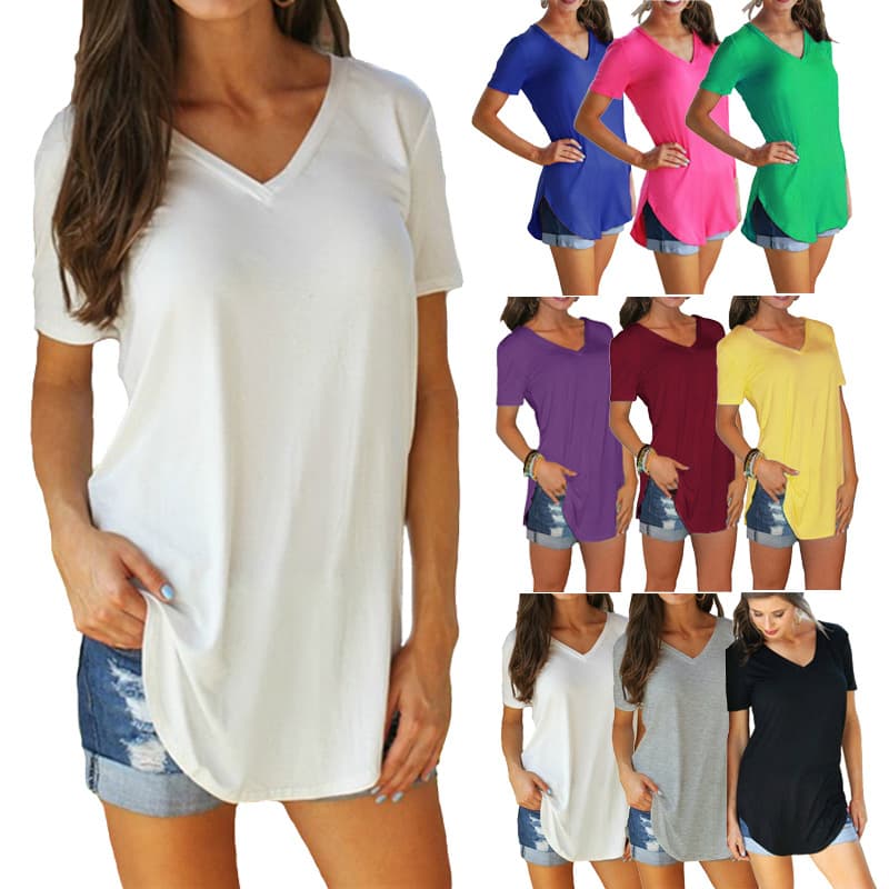 Summer Women's Clothing V Neck T-Shirt Short Sleeve Loose Fit Solid Color Plus Size Top