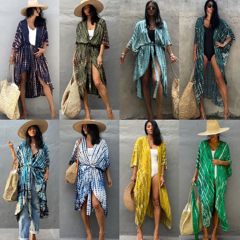 Robe de plage kimono en coton tie-dye pour femme, maillot de bain cache-cœur, chemise de soleil, vêtements de villégiature