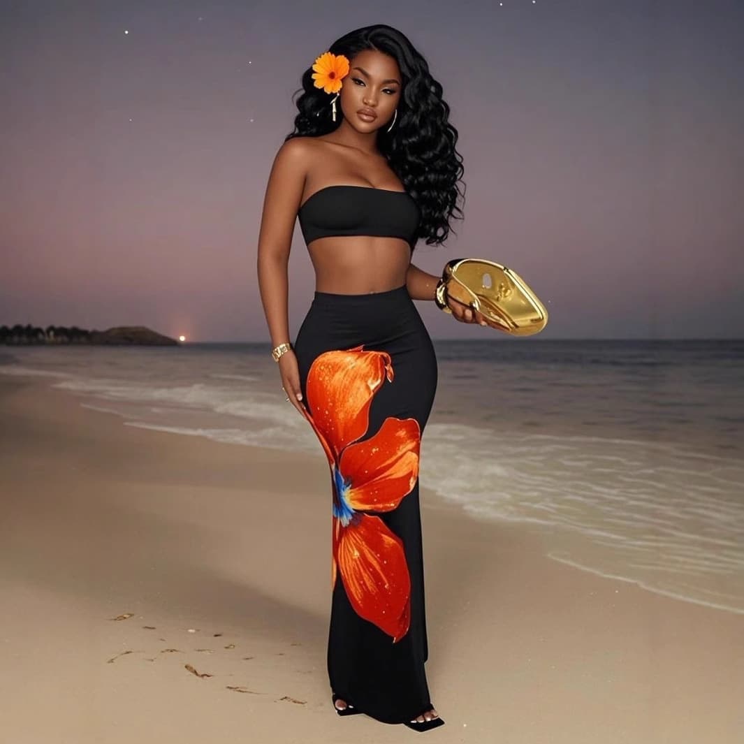 2025 European And American Cross-Border Popular Casual Style Fashion Floral Print Sexy Slim Tube Top Women's Long Dress