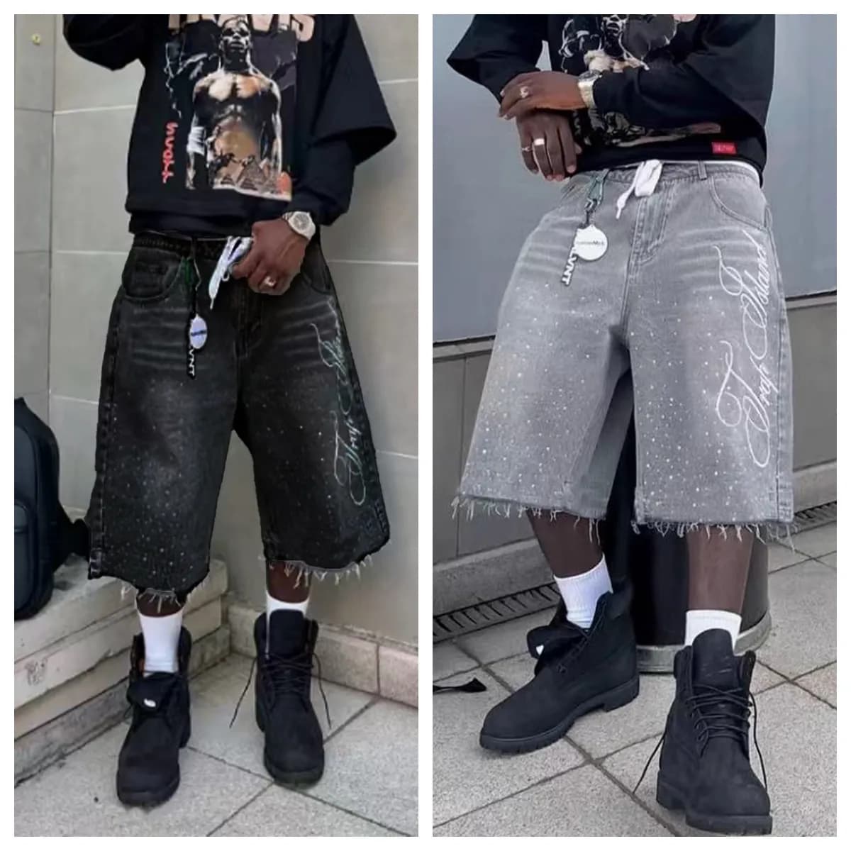 Men's Summer Denim Y2K Casual Knee Length Trendy Letter Rhinestone Embroidered Shiny Baggy Jeans Shorts Fashion