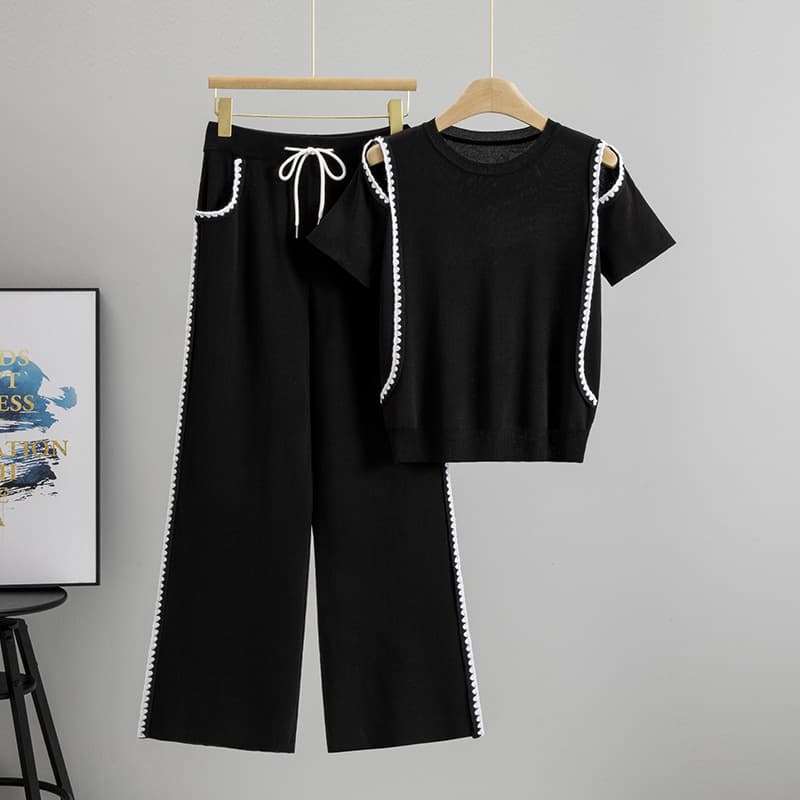 Women's Clothing Summer Off Shoulder Knitted Short Sleeved Tops Fashionable And Casual Wide Leg Pants Slimming Sports Two Piece Suits
