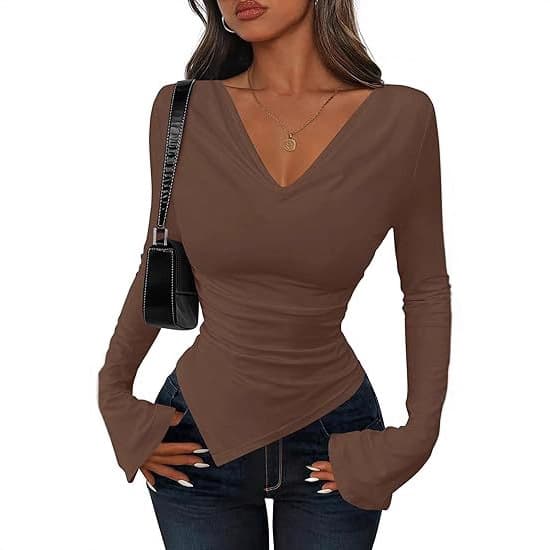 Women's Asymmetric Slim Fit Long Sleeve Top - Stretchy Mock Neck Fall & Spring Blouse For Casual & Elegant Style