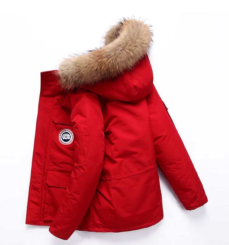 Hiver nouvelle mode Couple à capuche vers le bas hommes épaissi bleu petit col de fourrure manteau de travail tendance