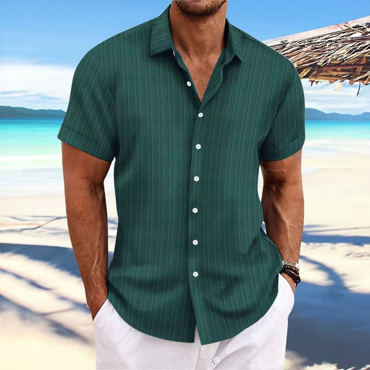 Men's Clothing Cotton And Linen Striped Jacquard Casual Loose Short Sleeved Shirt
