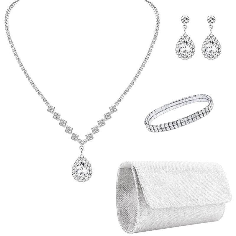 Bridal Jewelry Set With Bag For Women Zircon Drop Pendant Necklace Earrings Elastic Bracelet Wedding Party Accessories