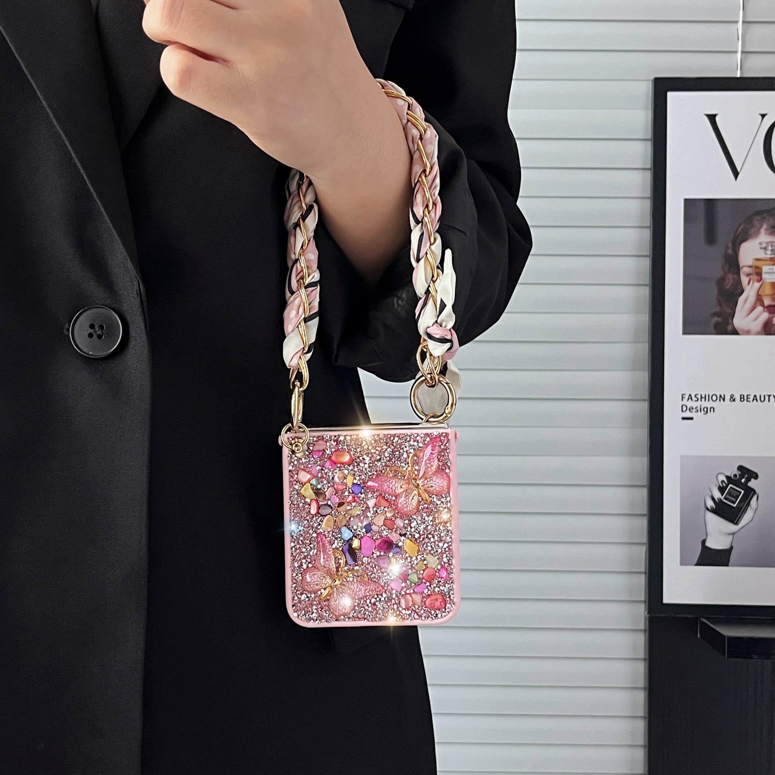 Bling Butterfly Rhinestone Case For Samsung Z Flip 6/5/4/3, Glitter Diamond Cover With Scarf Chain Wrist Strap