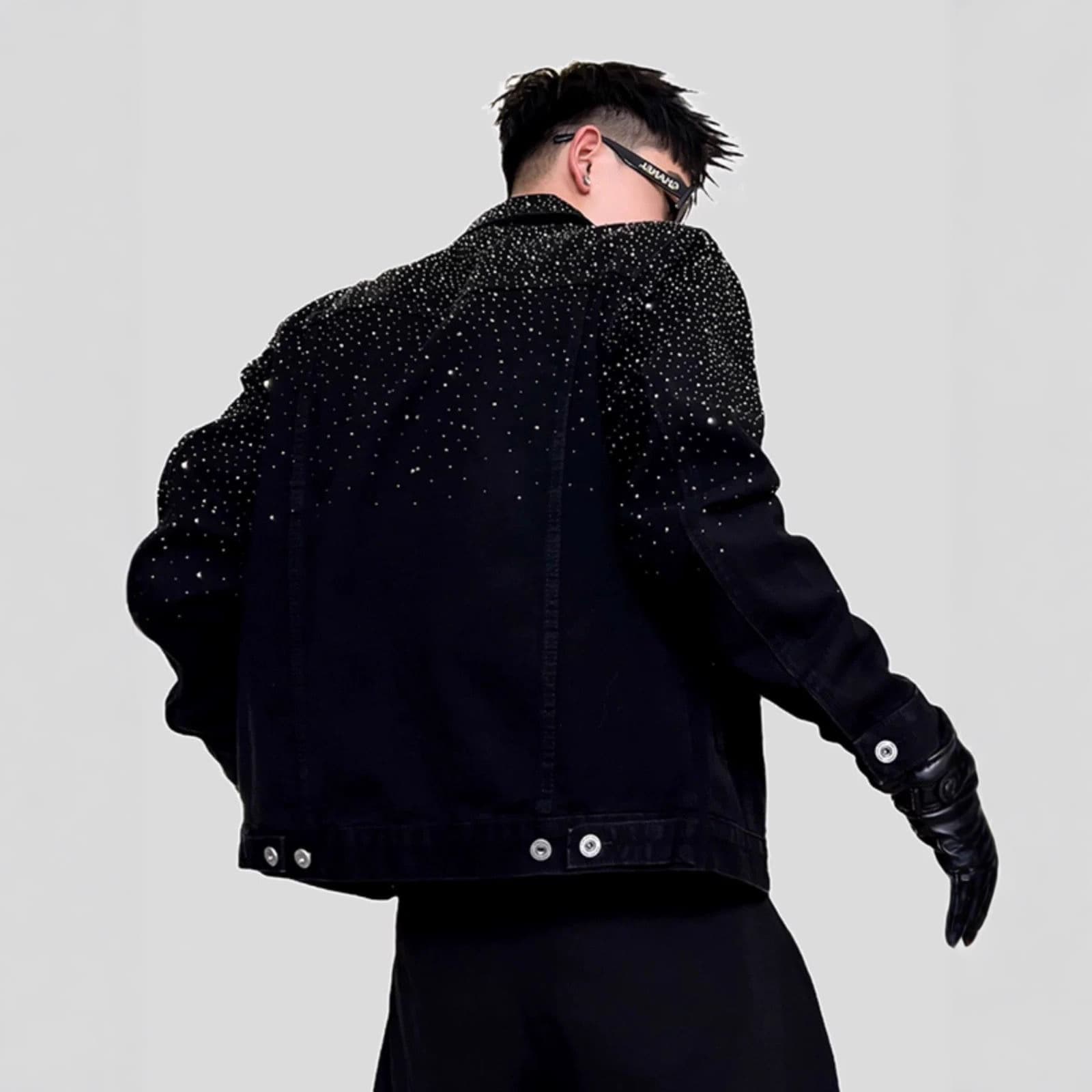 High-End Style Men's Denim Jacket Edgy Heavily Rhinestone Embellished Trendy Hairstylist Clothing