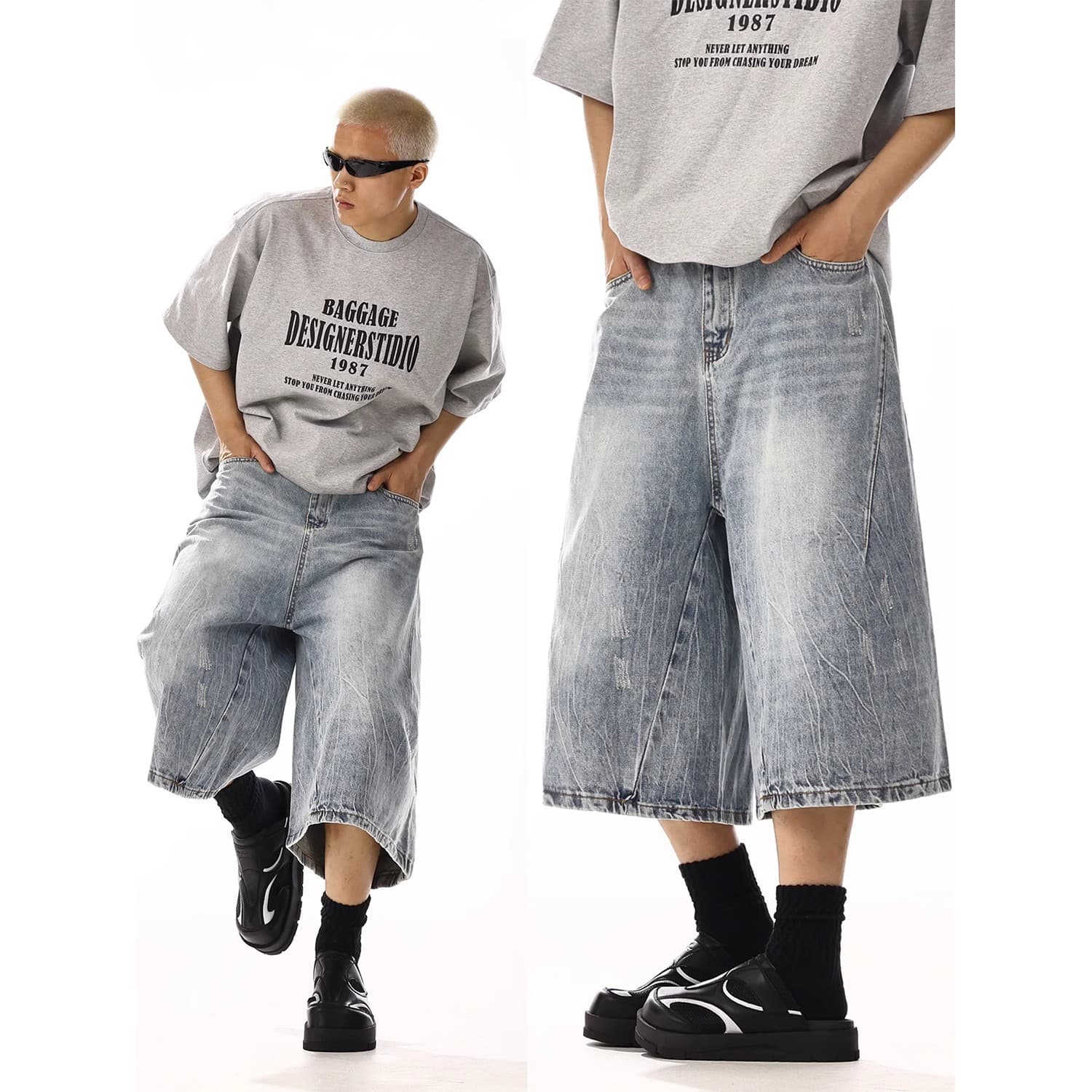 Men's Clothing Summer New Cropped Jeans Men's Loose Straight Trendy Brand Fashion Casual Shorts Washed Retro