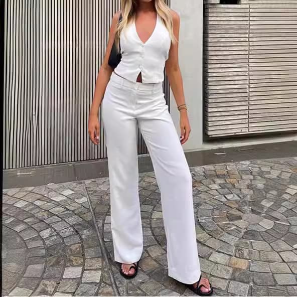 Women's Clothing Halter Neck Vest Top Two Piece Suit Backless Bow Tie V Neck Short Sleeved Trousers Suit