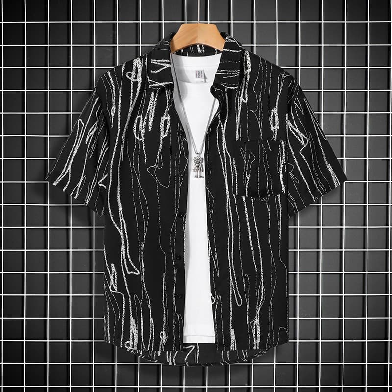 Men's Clothing High Street Shirt Men's Niche Striped Ins Personality Cardigan Loose Lapel Cool Ice Silk Short Sleeved Shirt