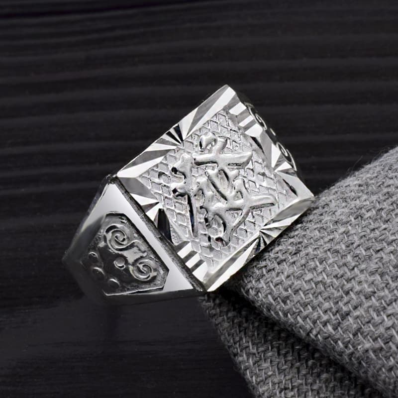Pure Men, Solid Silver Ring With "Fu" "Fa" Characters, Adjustable Wide Band, Suitable Middle-aged And Elderly, Gift For