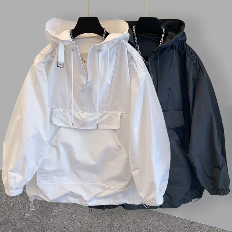​​Streetwear Hooded Windbreaker – Unisex Lightweight Utility Jacket With Raw Edge Detailing (M-3XL, Zippered Pockets, Adjustable Cuffs)​