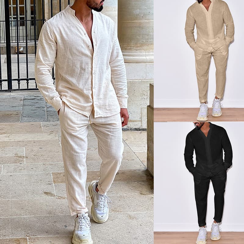 Men's Linen Leisure Suit Long-sleeved Jumpsuit Trousers New Two-piece Suit