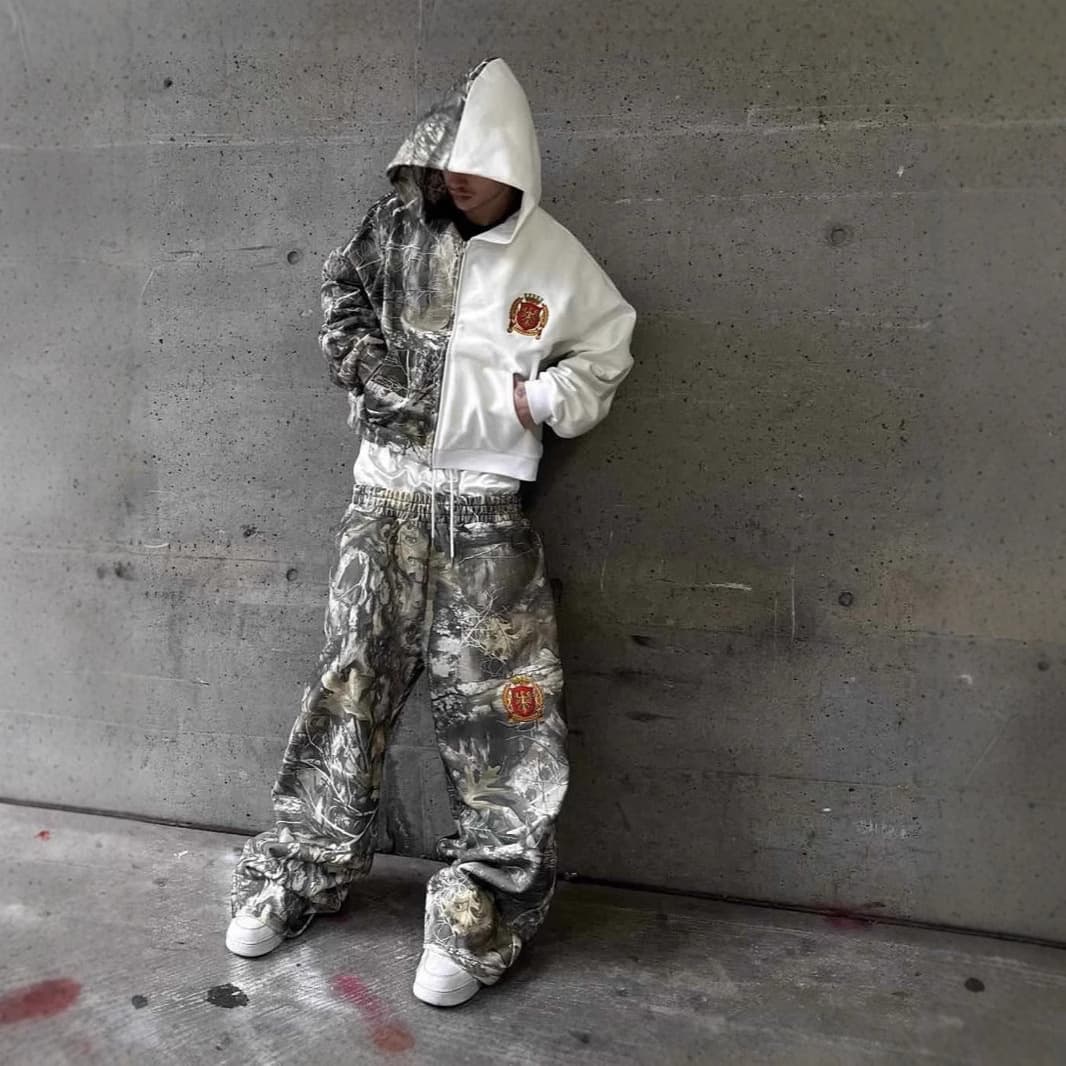 Trendy Brand Zipper Hooded Printed Sweatshirt And Sweatpants Graffiti Loose Couple High Street Hip Hop Set