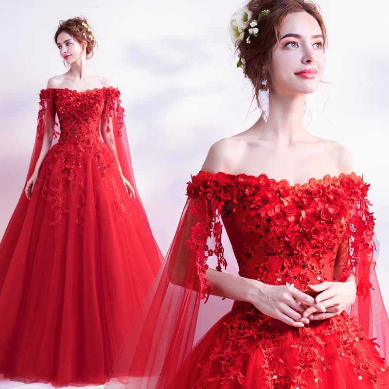 Women’s Clothing Rose Red Evening Dress With Long Sleeves And Veil New Bride Wedding Toast Dress Fairy Evening Dress
