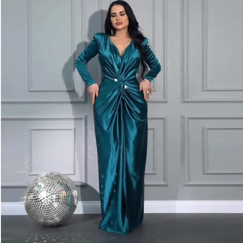 Women's Clothing High End Satin Waist V Neck Dress Satin Banquet Evening Dress