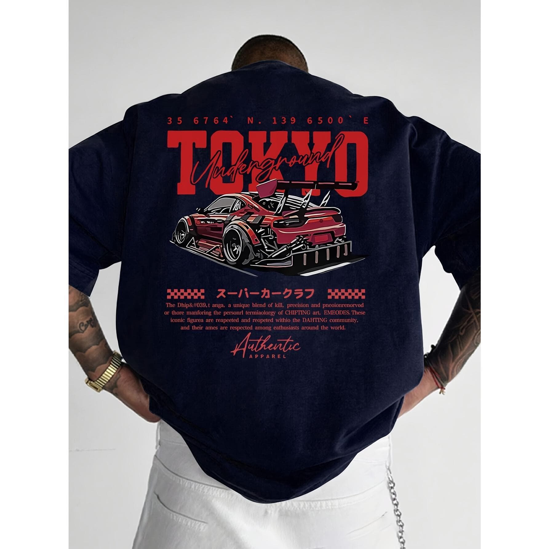 (Armonia) 180gsm COTTONTrendiges Streetwear-T-Shirt Für Männer, Mit Einem TOKYO-modifizierten Rennwagen-Druck Auf Der Rückseite