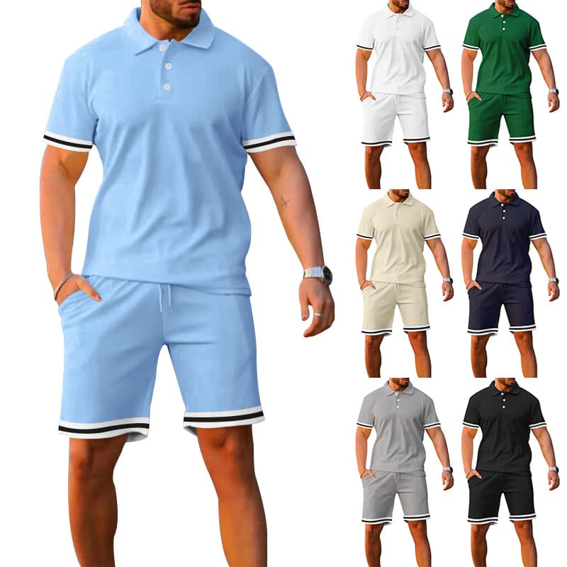 Men's Clothing Summer Lapel Button Short Sleeved And Drawstring Shorts Two Piece Sports