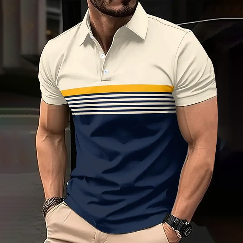 Men's Clothing Slim Fit Polo Shirt Ribbed Striped Lapel Button Solid Color Splicing T Shirt Top