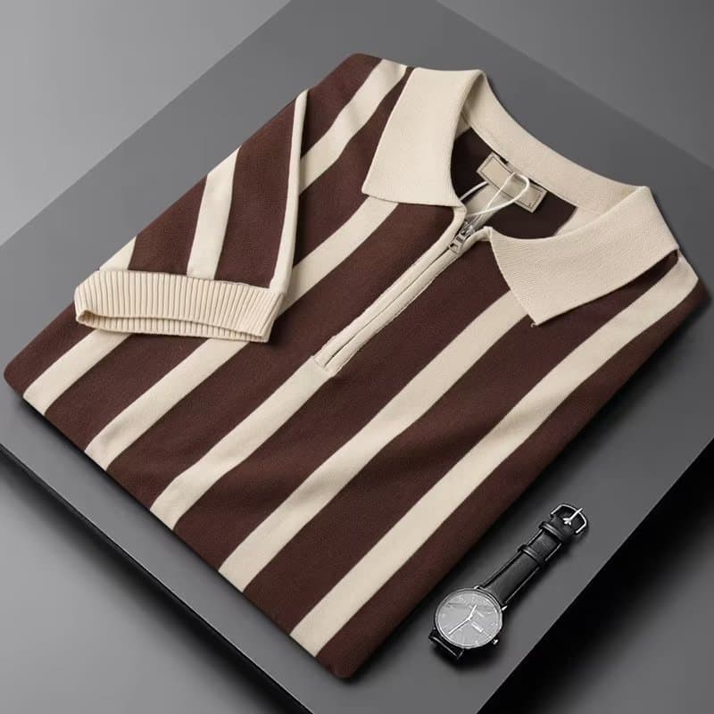 Half Zipper Striped Polo Shirt Light Mature Style Summer Men's Short Sleeved T Shirt Trendy Korean Version Knitted Casual Half Sleeves