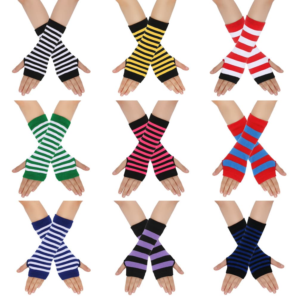 Unisex Knitted gloves with missing fingers anime stripes wearing fingers wrist cuff with false sleeves Thin children's fingers