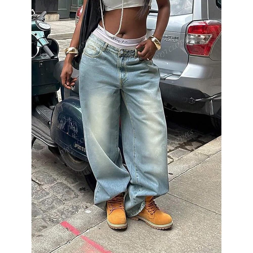 Vintage Washed High-Waisted Straight Leg Jeans For Women - Distressed Denim Pants With Ripped Details Comfortable Loose Fit Streetwear