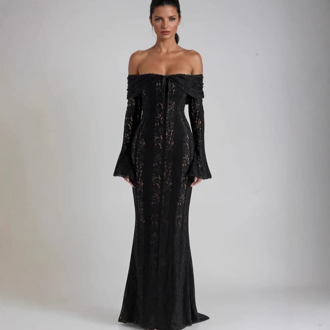 Elegant Off-Shoulder Lace Hollow-Out Bodycon Dress With Bell Sleeves – Sexy Mermaid Evening Gown For Women