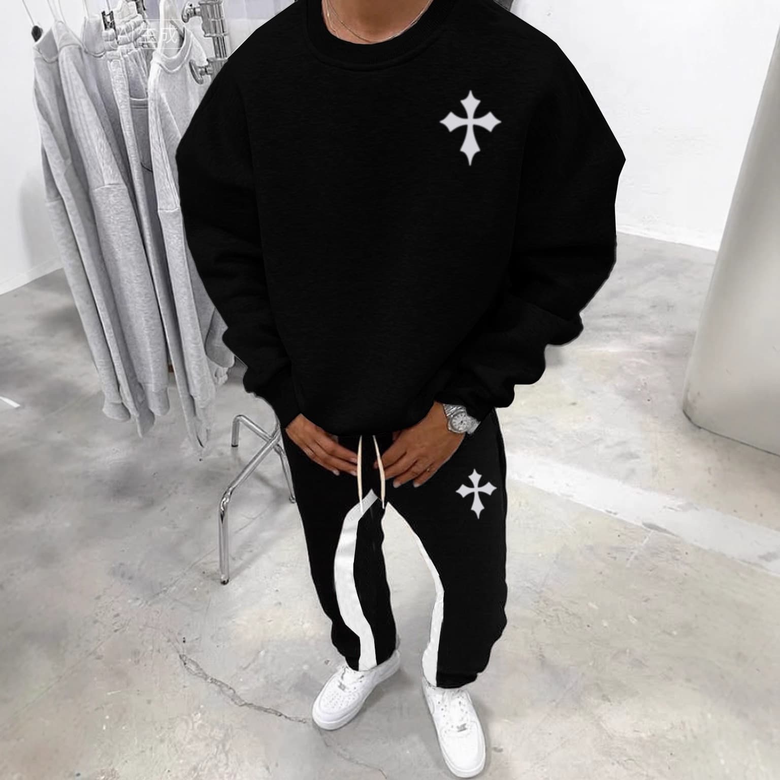 Men's Clothing Autumn/Winter Sweatshirt And Trousers Men's Cross Embroidery Hoodie And Pants Set 2-Piece Casual Outfit For Autumn Winter Fashion​