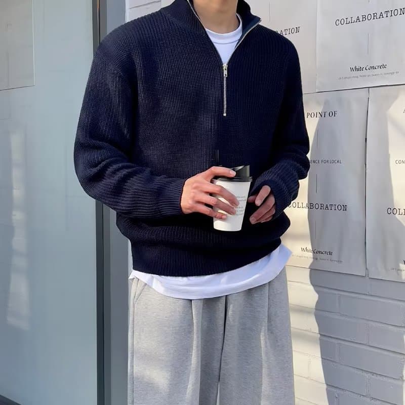 Men's Clothing Autumn Half Zip Cardigan Sweater Men Style Trend Handsome Versatile Stand Collar Knitted Sweater Top Turtleneck Jacket
