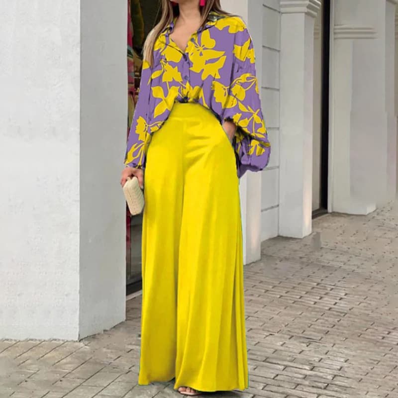 Women’s Clothing Women's Large Size Women's Lapel Shirt Printed High Waist Wide Leg Pants Two-piece Set