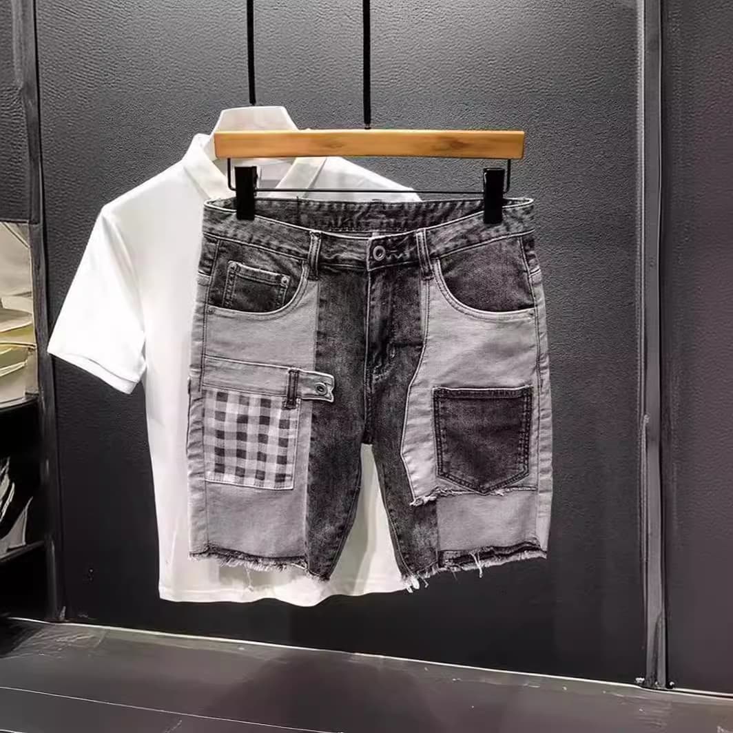 Men's Clothing Personalized Multi Pocket Stitching Contrast Color Versatile Denim Shorts Trendy Casual Shorts