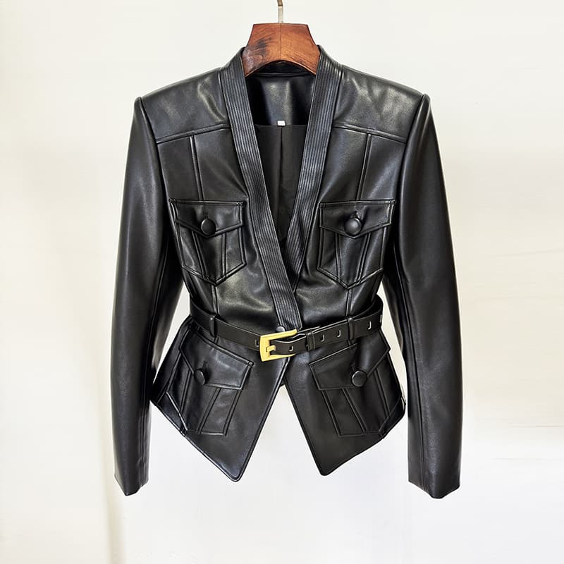 ​​European-Style Belted Leather Jacket – Slim Fit Faux Leather Coat For Women (Black, S-XXL)​​