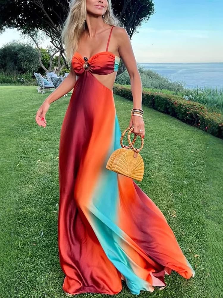 K New Sexy Suspender Gradient Sea Style Dress Beach Long Skirt