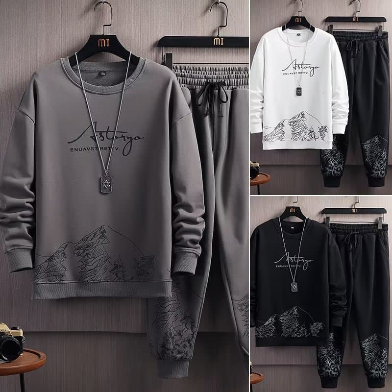 Men's Clothing Snow Mountain Long Sleeve Sweater Suit Men's Autumn New Thin Cotton Round Neck Pullover Fashionable Watermark Two Piece Suit