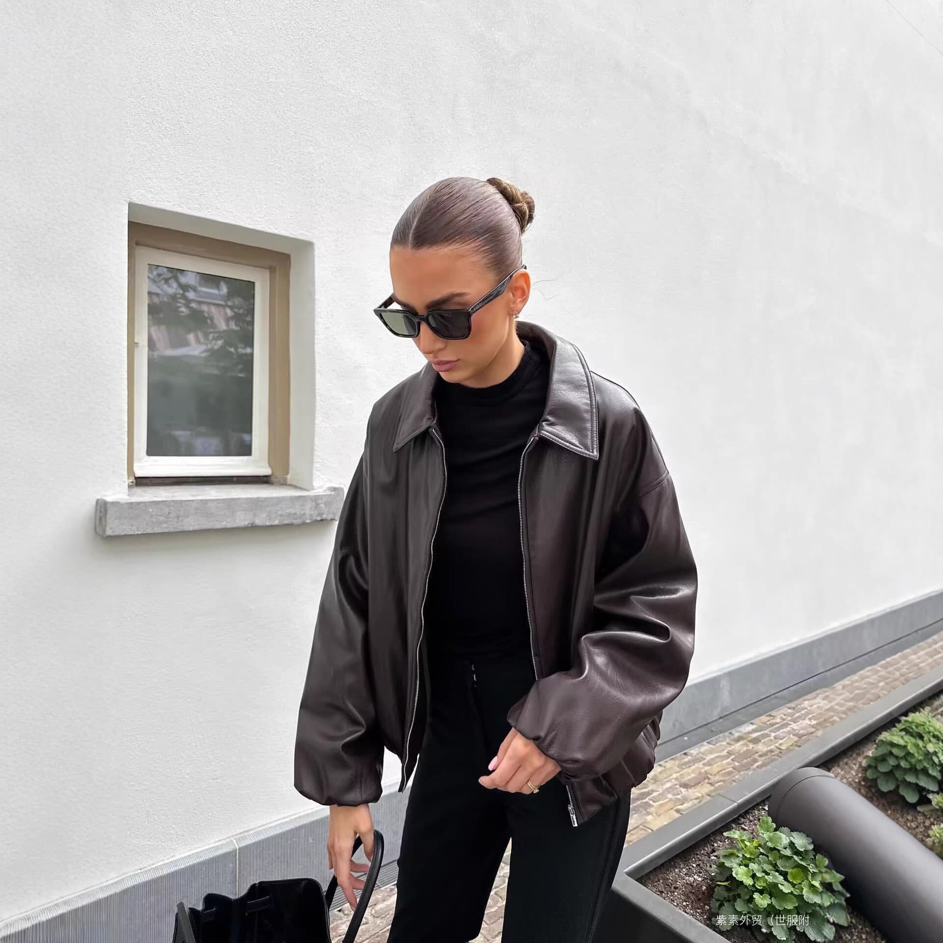 Women's Trendy Faux Leather Bomber Jacket Versatile Lightweight Outerwear In Two Colors Spring/Autumn Elegant England Style