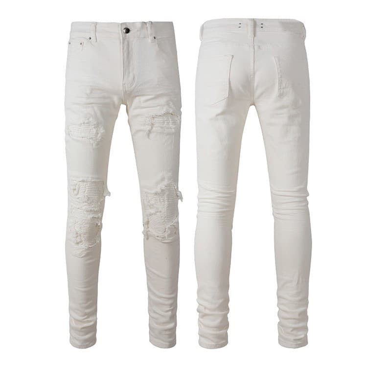 Men's Clothing Men's high street fashion white jeans street ripped jeans patch elastic slim fit skinny pants