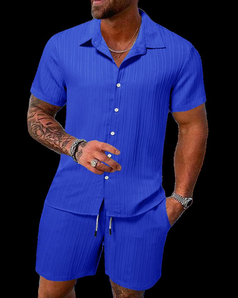 Chemise à revers rayée pour hommes, short, costume de sport décontracté à la mode
