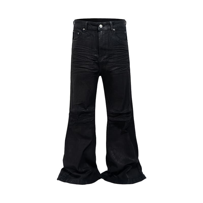 Men's Clothing High Street Waxed Coated Wide Leg Jeans With Ripped Patches Loose Flared Pants
