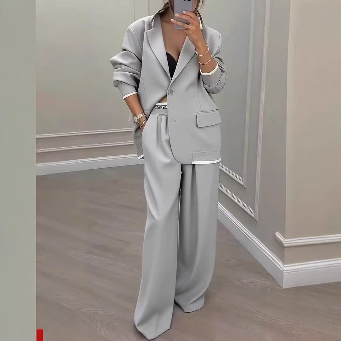Women’s Stylish Ribbed Blazer & Pants Set – Elegant Office & Casual Outfit | Stretch Fit Two-Piece Suit