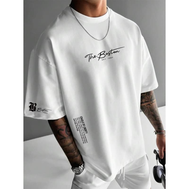 Men's Casual Slogan Print Loose Round Neck Short Sleeve T