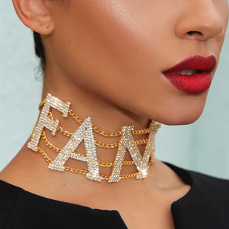 ins Super Fire Net Celebrity FANCY Alloy Diamond-encrusted Letter Necklace Hot Drilling Metal chain Hip-hop Collar Female chain