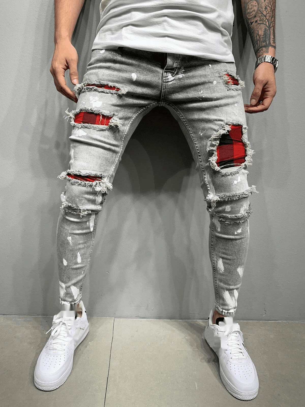 Europe And The United States Men's Broken Holes Printed Jeans Patch Stretch Small Foot Jeans New
