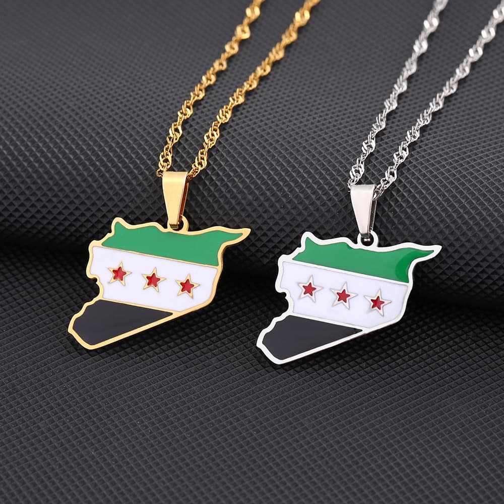 Syrian Free Army Map And Flag Pendant Necklace For Men And Women Couples Titanium Steel Pendant Jewelry