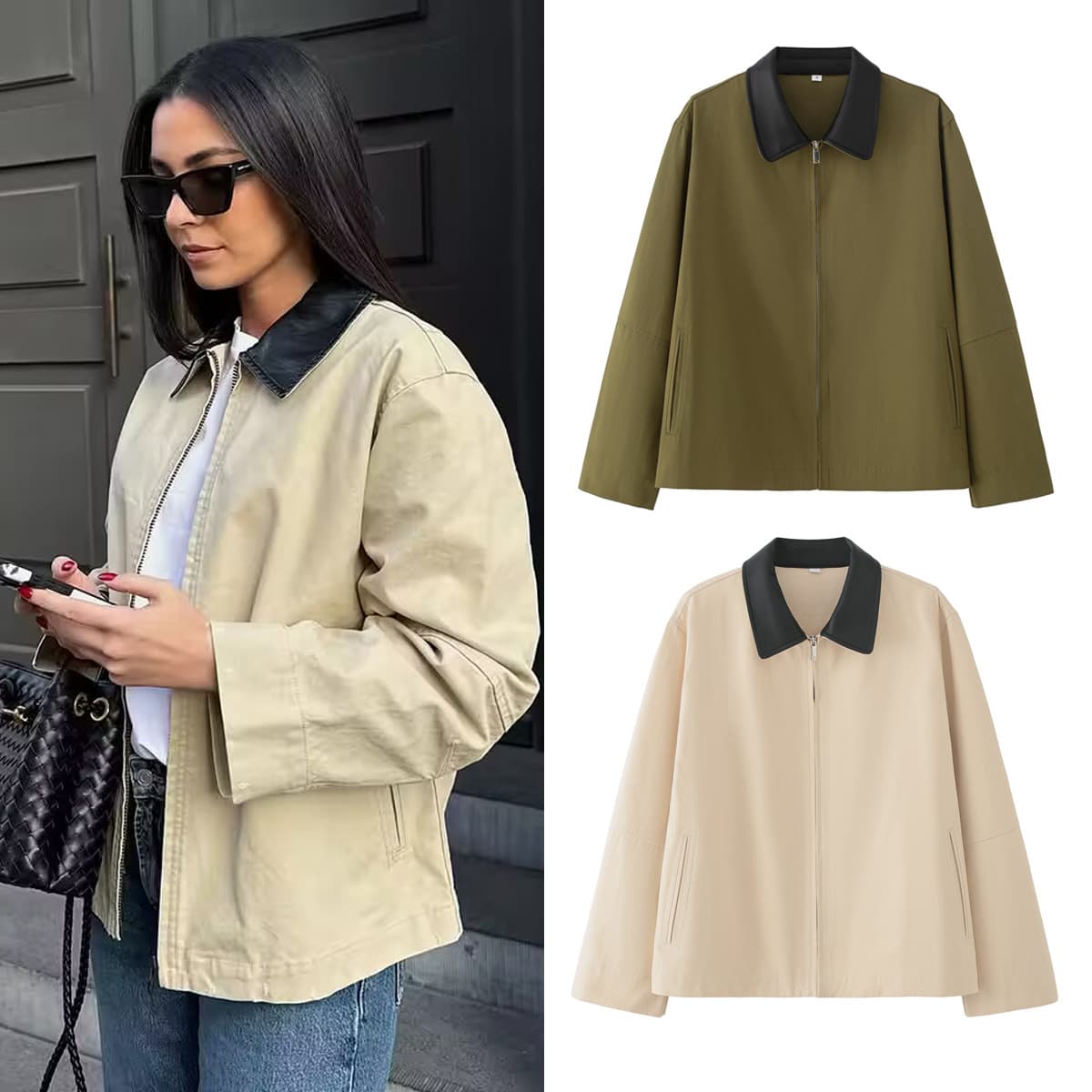 Retro Color-Block Baseball Jacket – Oversized Lapel Long Sleeve Coat (XS-L, Beige & Olive)