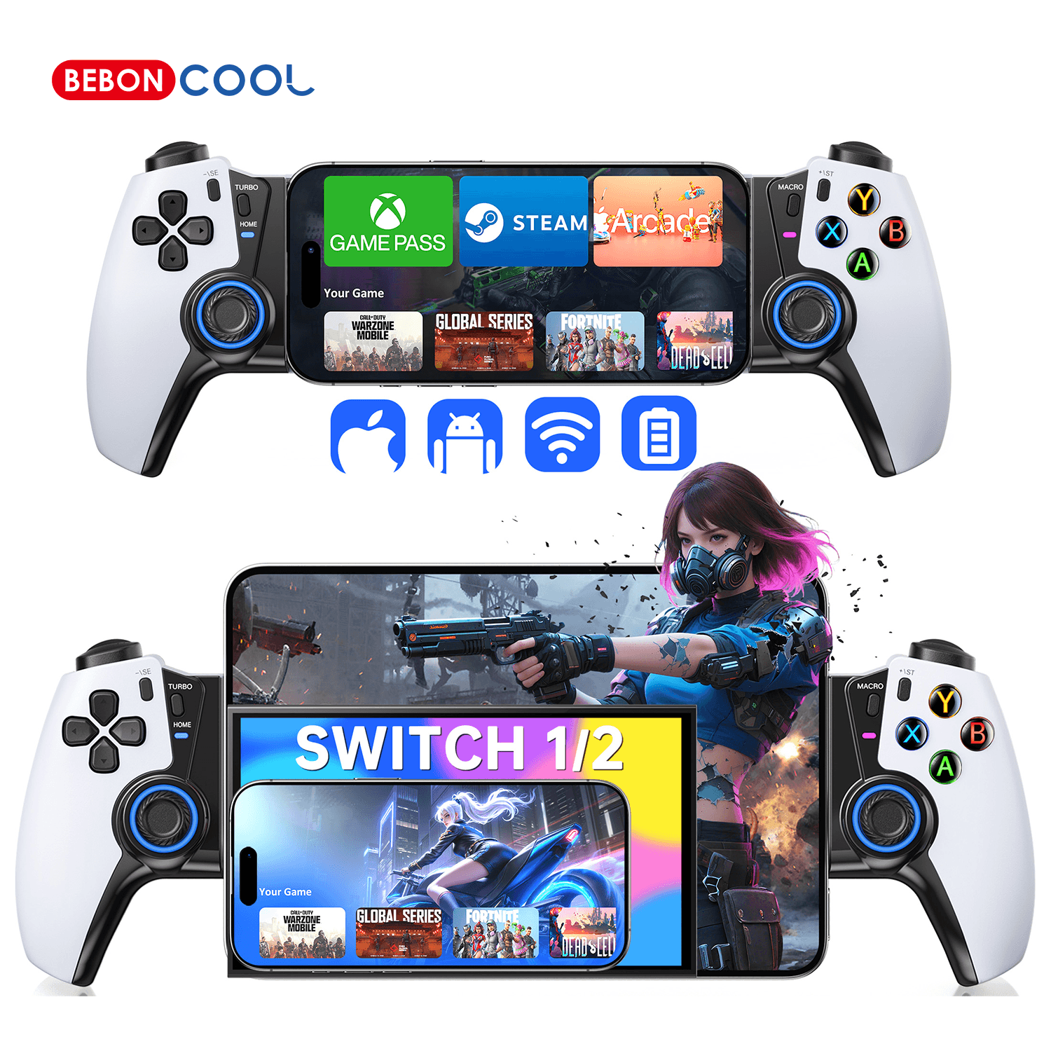 BEBONCOOL MC500 Hall Effect Mobile Gamepad - Wireless Controller For Phone/Switch/Android, Turbo, Back Buttons, 800mAh