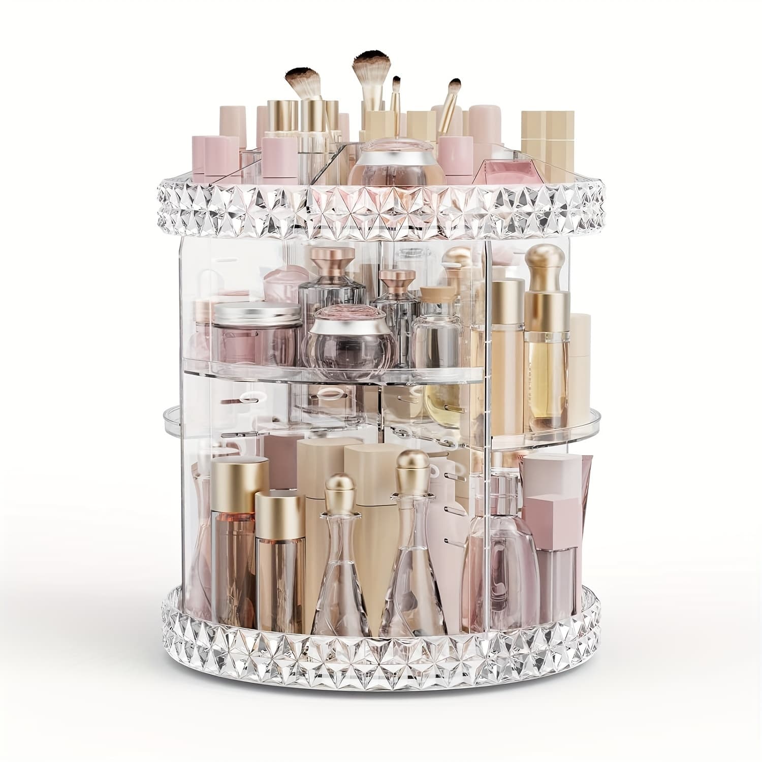 Elegant 360° Rotating Makeup Organizer With Crystal-Like Accents - High-Capacity Cosmetic Storage For Vanity