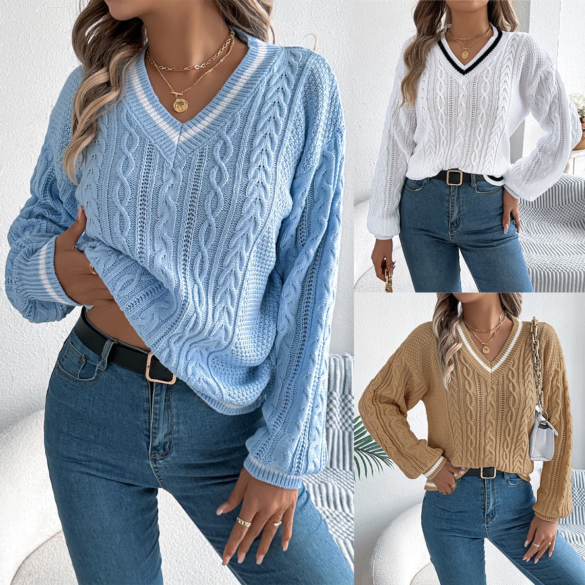 Color Matching V-neck Twist Lantern Long-sleeved Sweater Women's Clothing