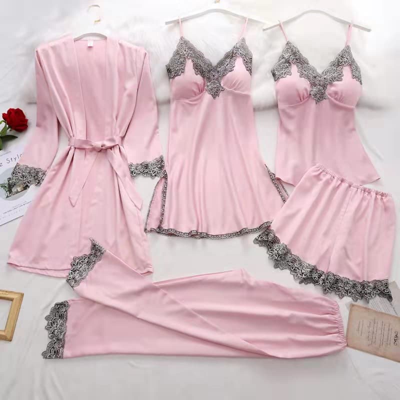 Women's Home Clothes Imitation Silk Pajamas Sexy Lingerie Suspenders Sexy Five Piece Set