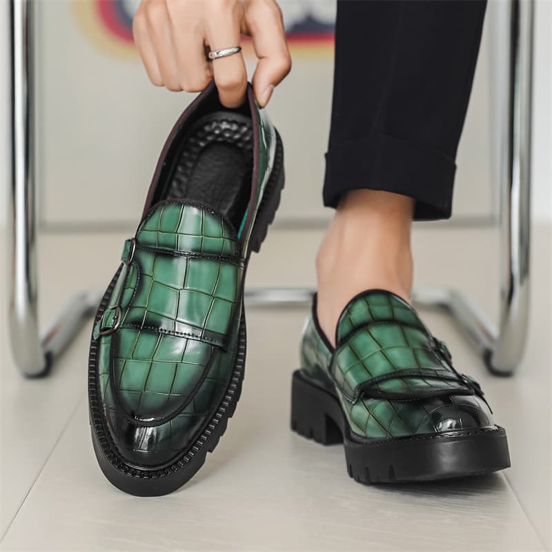 Men's Fashionable Casual Leather Slip-On Loafers Thick Soled Double Buckle Height Increasing Shoes